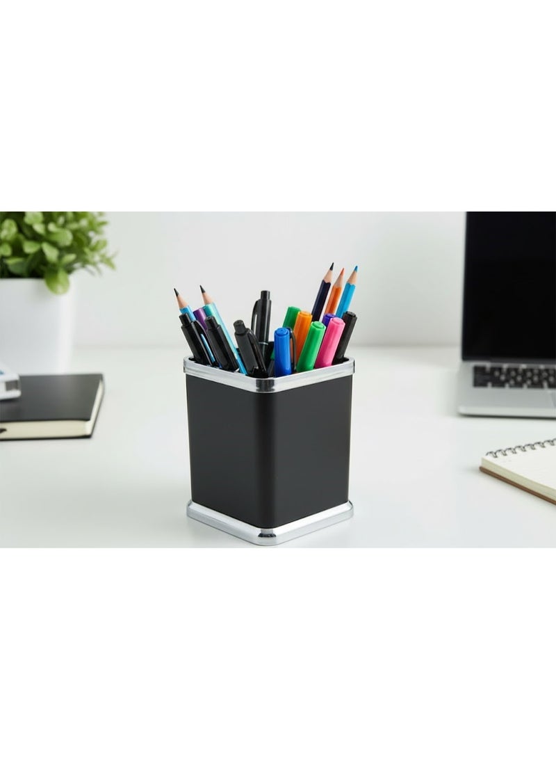 Desktop pen holder, black with silver, square, writing instrument organizer for office and home - Image 3